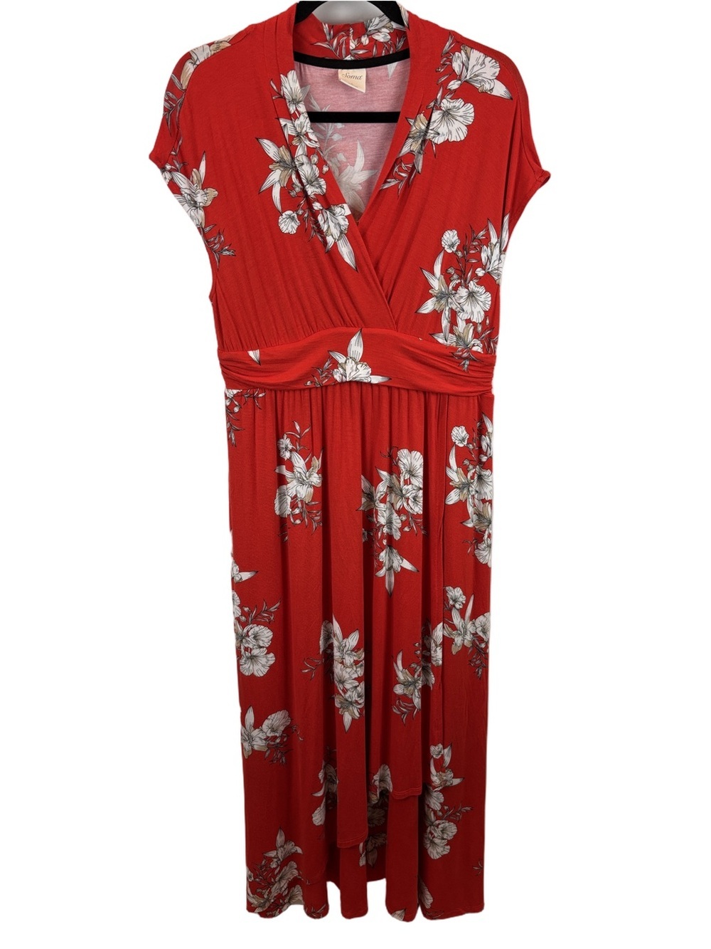 Soma Red Floral Maxi Dress sz L Short Sleeve Stretch White Orchids V-Neck Flowy